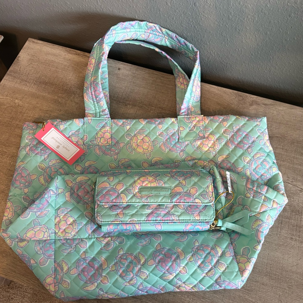 Simply Southern- Quilted Sea Turtle Tote Bag and Wallet- Mint Green